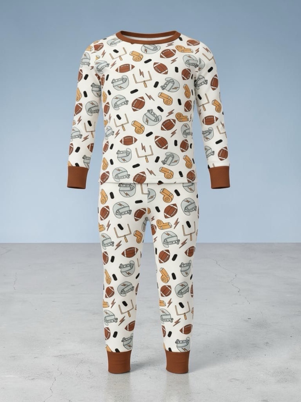 Caden Lane Kids Football Print Long Sleeve Pajama Set - Brown Trim